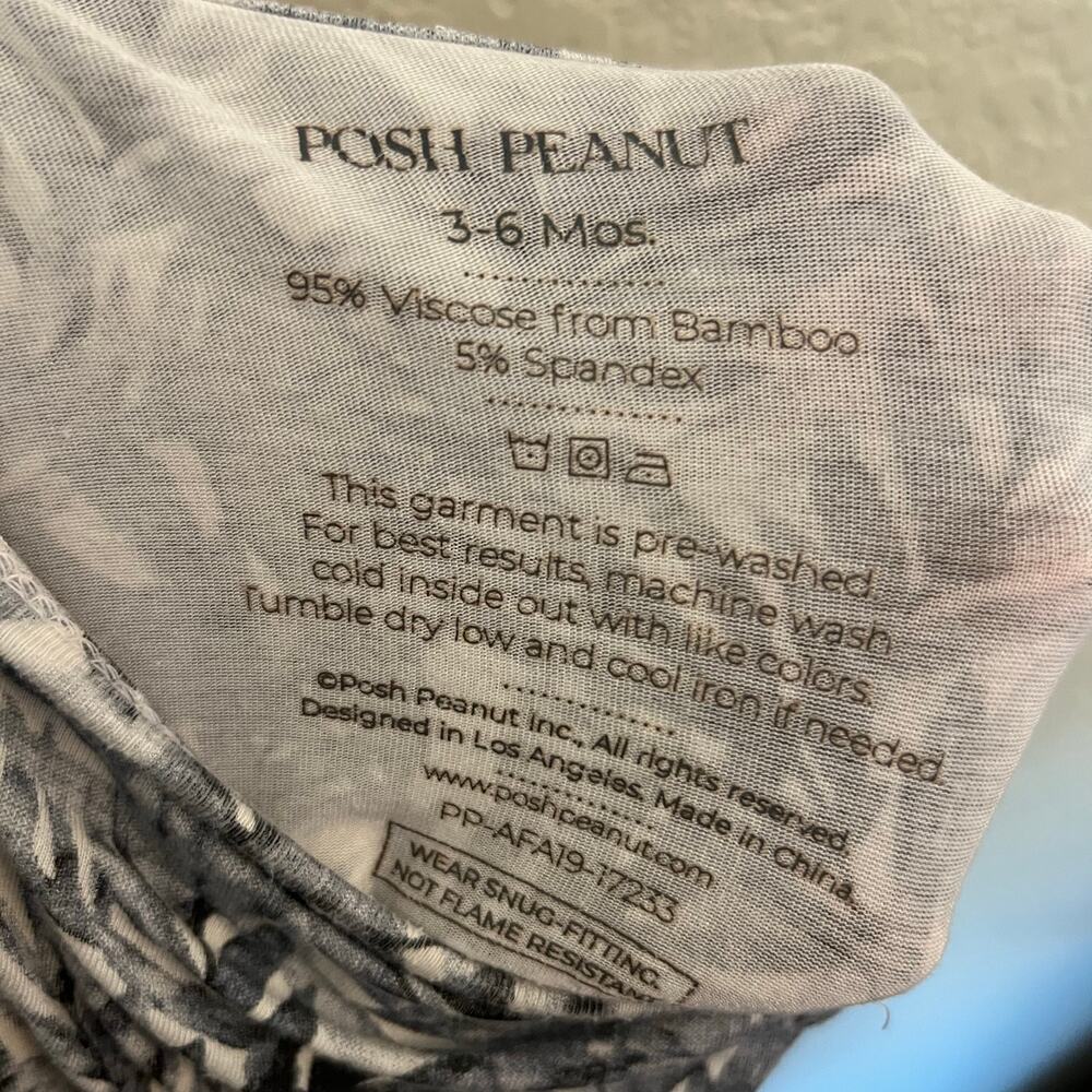Posh Peanut Bamboo Leaf Print Long Sleeve Romper Gray Black 3-6M Baby Unisex - Picture 12 of 12